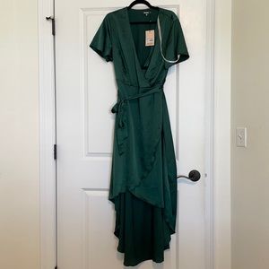 Missguided green satin high low wrap dress